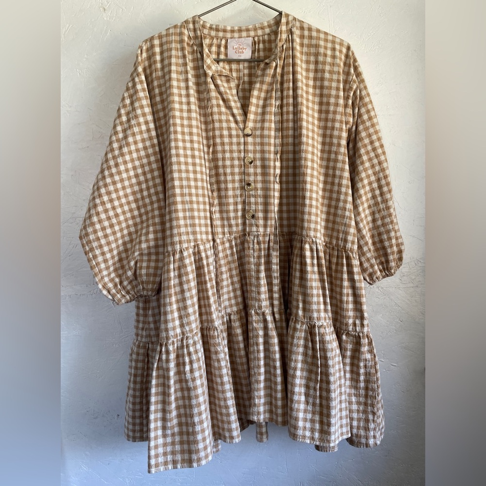 The Lullaby Club Avalon Smock Tan Gingham Cotton Size XS Oversized Baby Doll
